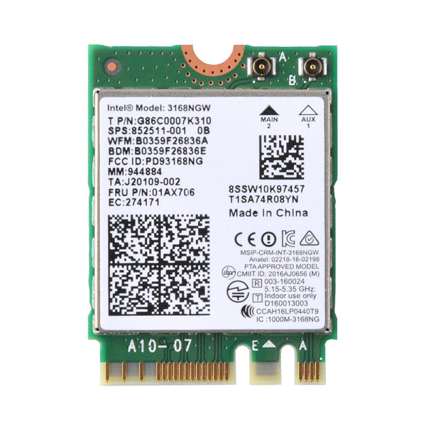 Купити Wi-Fi модуль Intel Wireless-AC 3168 M.2 433Mbps 802.11ac Bluetooth 4.2 (3168NGW)
