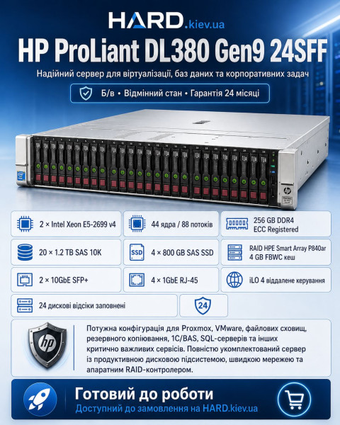 Купити Сервер HP ProLiant DL380 Gen9 24SFF / 2× Xeon E5-2699 v4 / 256GB DDR4 / 20×1.2TB SAS 10K / 4×800GB